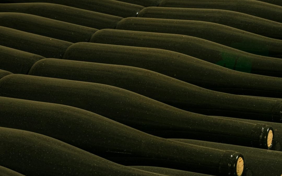 From above of glass bottles placed side by side in rows in winery cellar