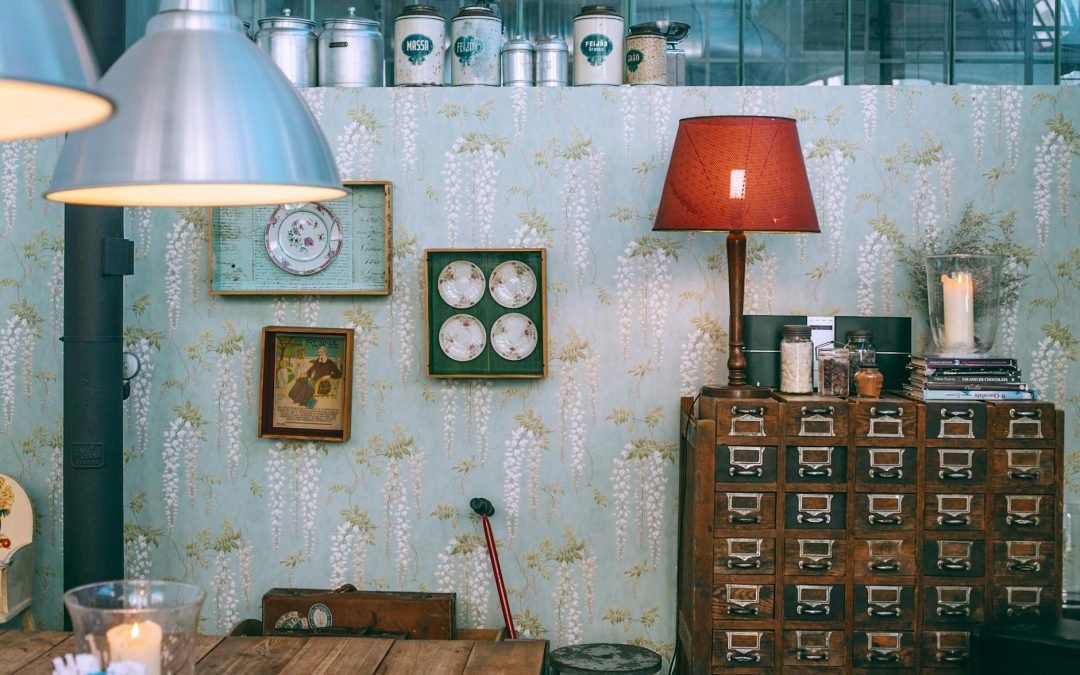 Interior of retro styled room with vintage furniture and decorative elements