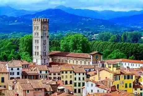 Rooftops and towers of the walled city of Lucca, Tuscany