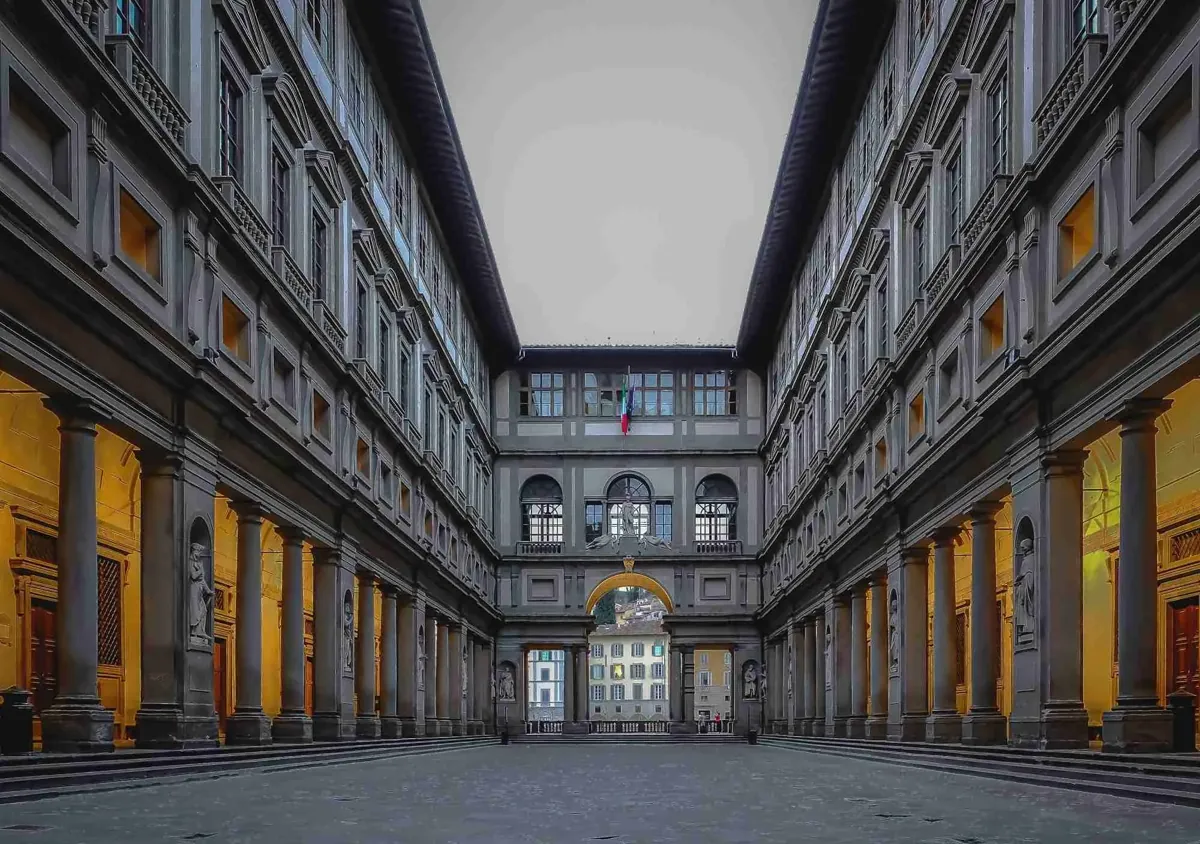 The Uffizi Gallery colonnade and courtyard in Florence, Italy